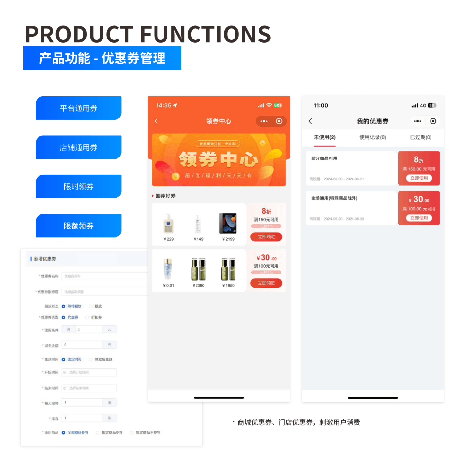 产品功能:优惠券管理 界面示意图