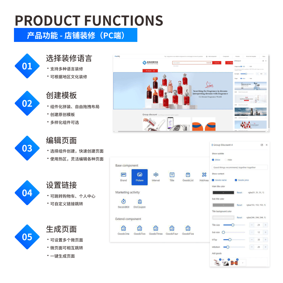 产品功能:店铺装修(PC端) 界面示意图
