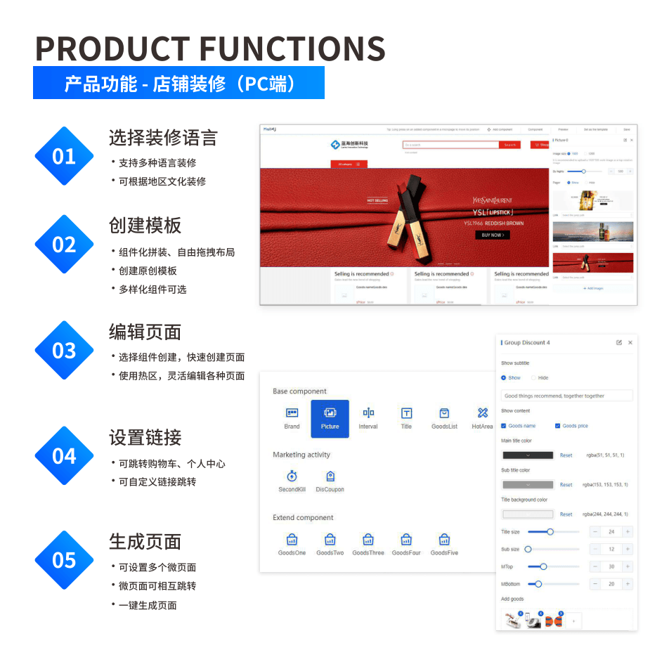 产品功能:店铺装修(PC端) 界面示意图