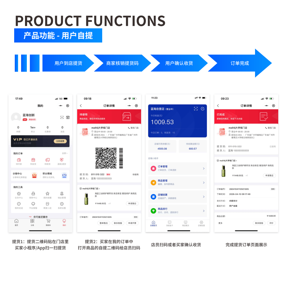 产品功能:用户自提 界面示意图