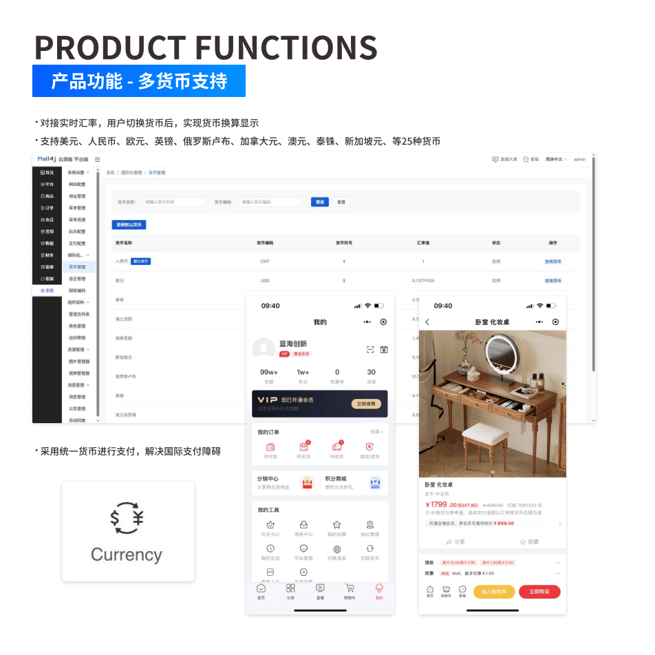 产品功能:多货币支持 界面示意图